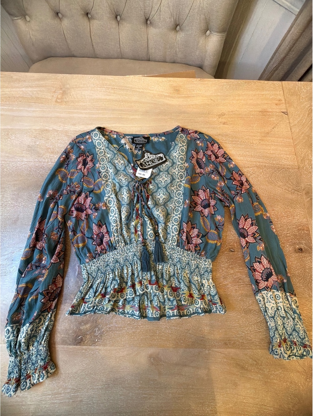 Angie Boho Floral Smocked Waist Top Teal Blue Lace Up Crop Blouse NWT